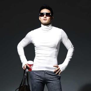 白色修身 定制春季 男士 T恤纯棉紧身多色打底纯色上衣 时尚 高领长袖