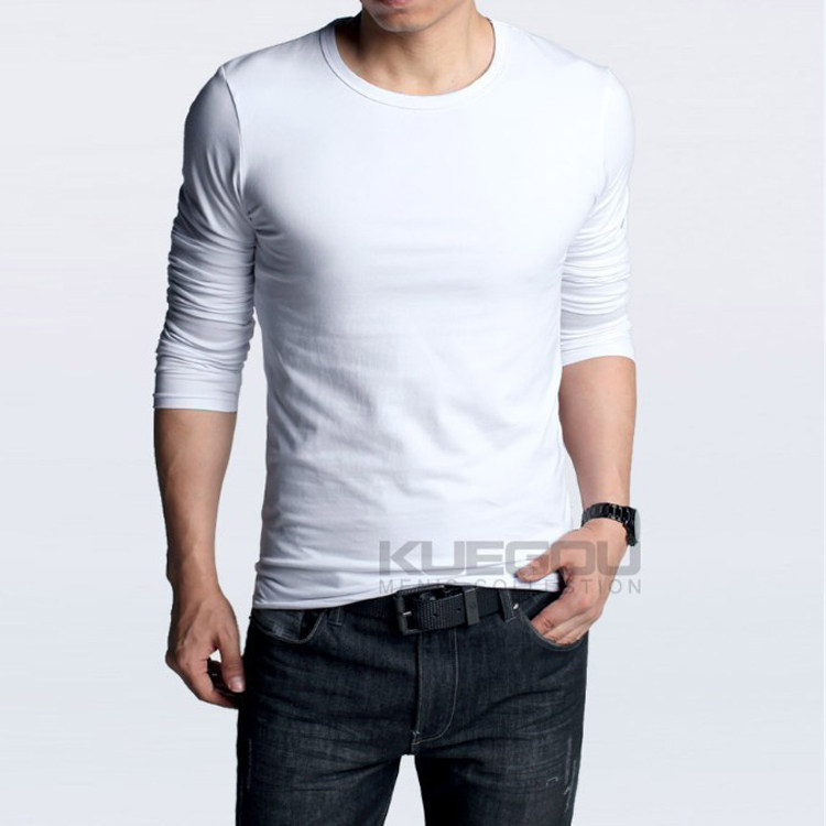 定制春季男士修身白色小圆领长袖T恤纯棉弹力打底衫纯色保暖上衣