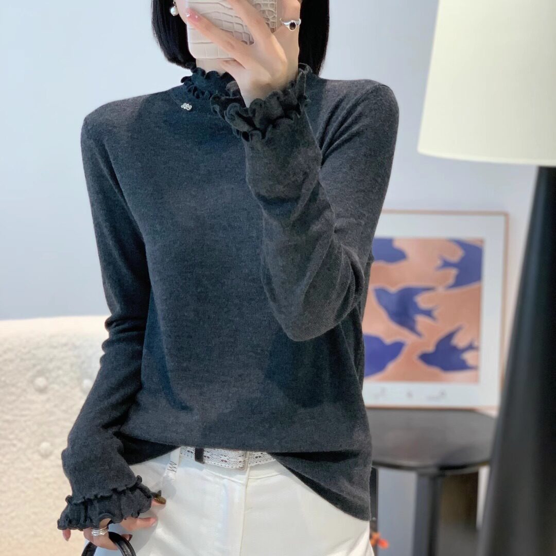 2025秋季新款气质漂亮别致设计感花边领超细羊毛针织衫女人味上衣