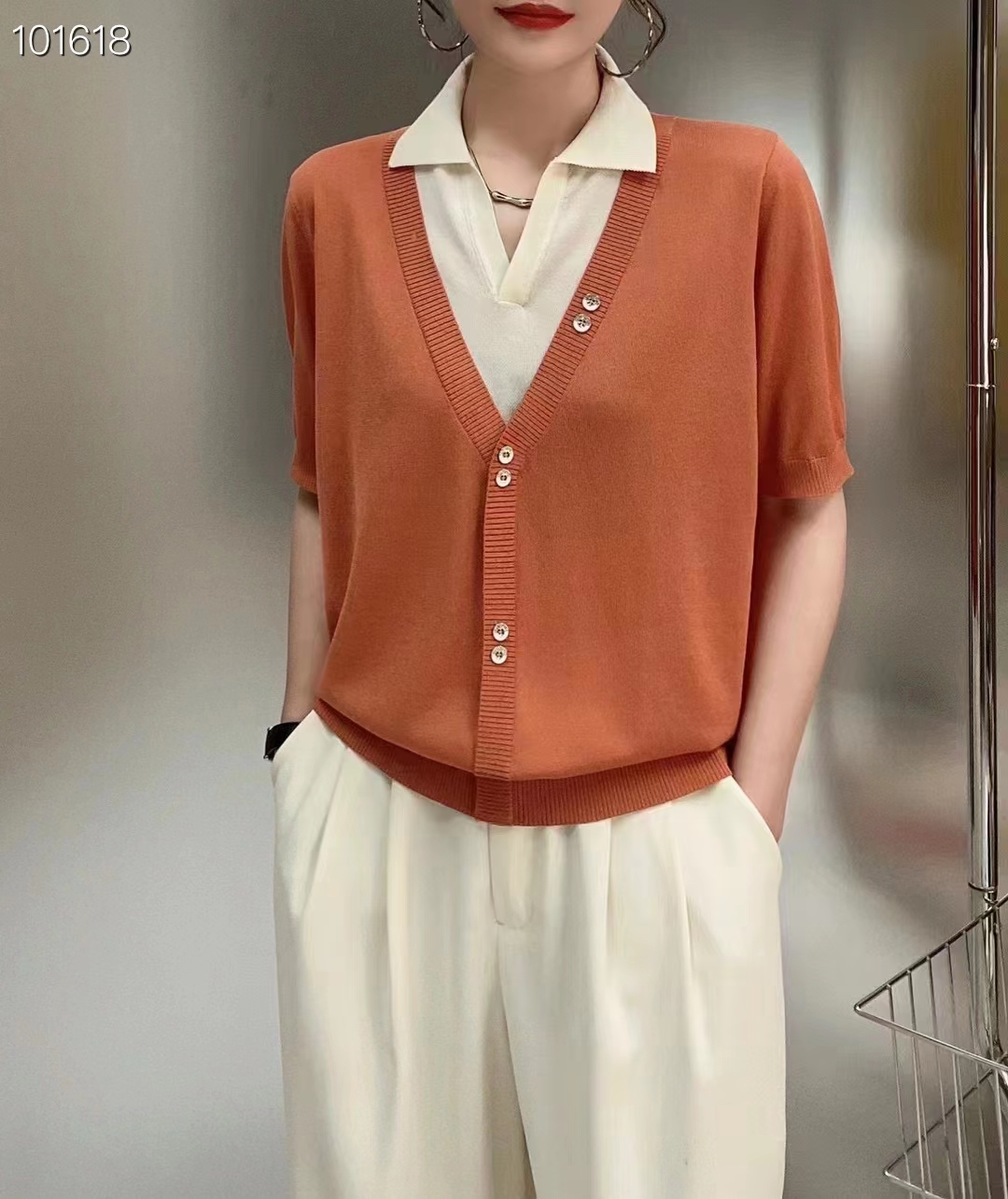 2023春夏季新款假两件上衣薄款冰丝针织衫女短袖polo领t恤女小衫