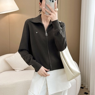 别致漂亮流行百搭女上衣 2025早秋新款 长袖 翻领羊毛针织开衫 时尚