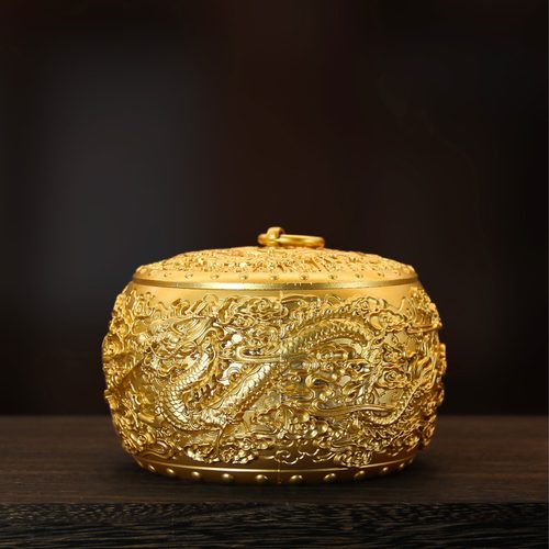 黄铜五龙茶叶罐带盖五龙呈祥铜烟灰缸办公室创意铜器金属铜摆件