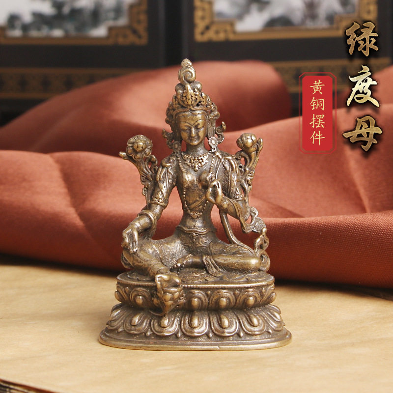 黄铜做旧绿度母佛像居家摆件纳福仿古文玩供奉藏佛菩萨老铜器批发