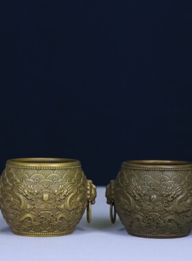 纯铜浮雕二龙戏珠铜缸家居玄关龙纹缸摆件双龙戏珠招财铜缸装饰品