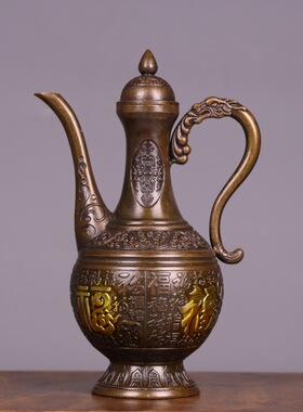全黄铜浮雕百福酒壶复古家居装饰品铜壶礼品酒具铜器摆件仿古