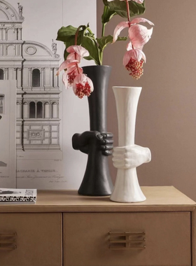 西岱岛家居 出口北欧家居原单陶瓷软装巴洛克黑色手握花瓶花器