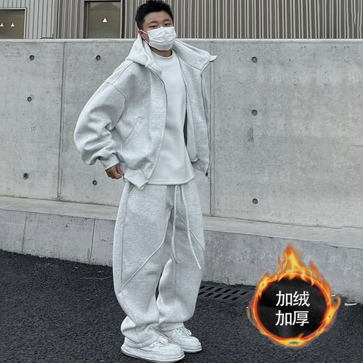 大码男秋冬加绒加厚连帽运动套装