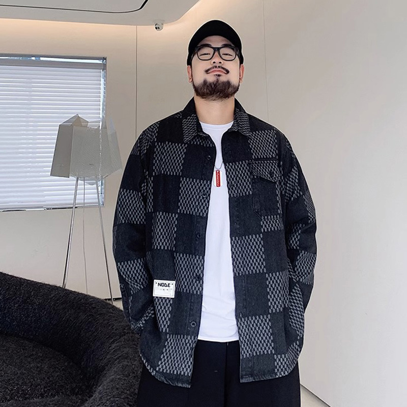 大码男长袖衬衫棋盘格薄款外套