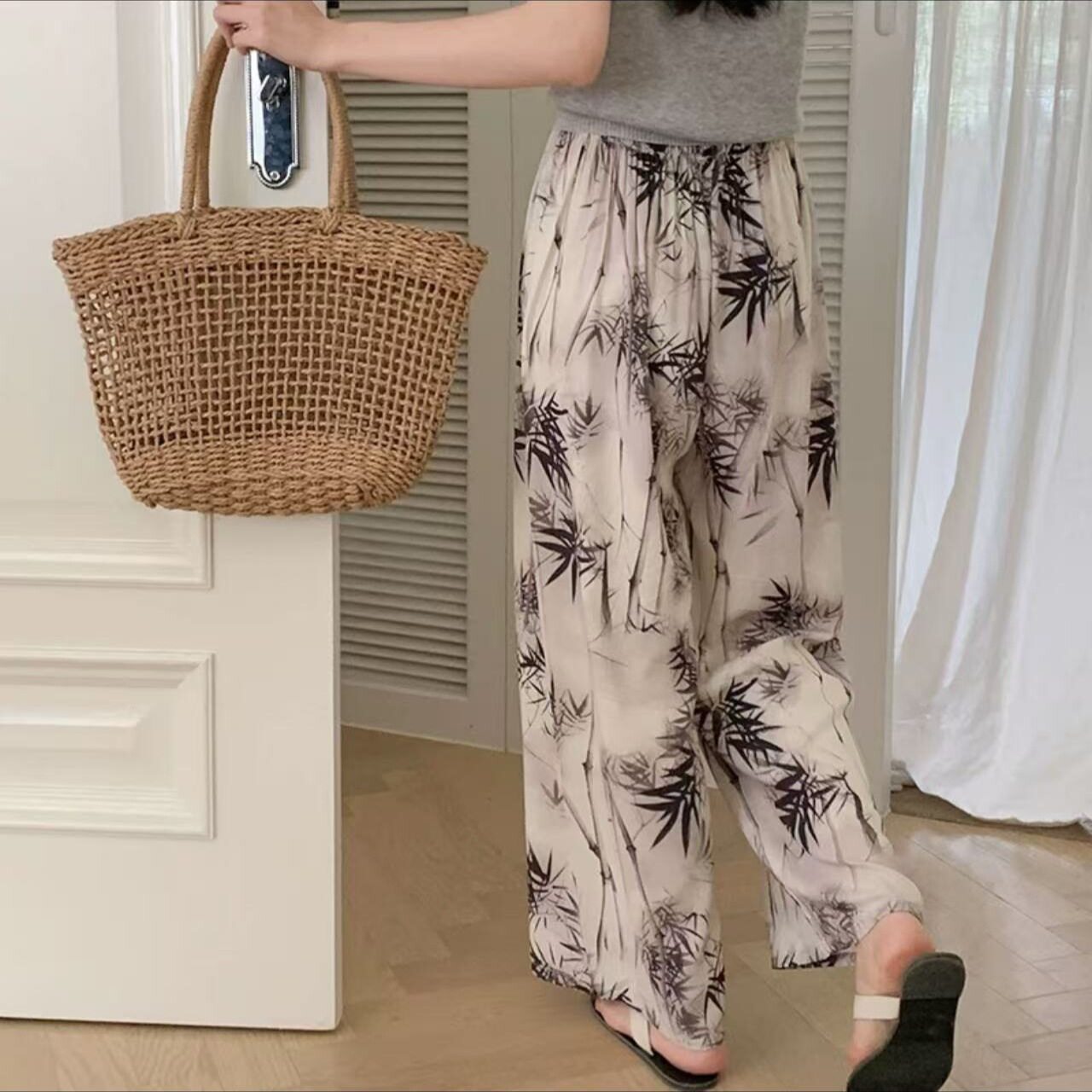 棉绸睡裤女夏季薄款日系花卉绵绸阔腿裤人造棉小雏菊单裤子可外穿