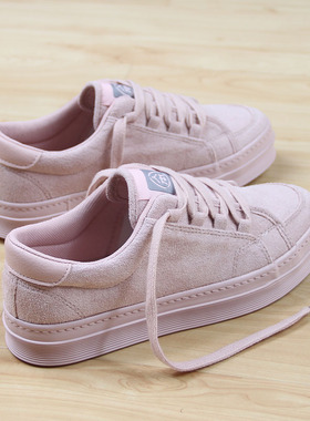 人本绒面休闲板鞋女春季新款韩版厚底平底学生帆布鞋黑色女鞋2127