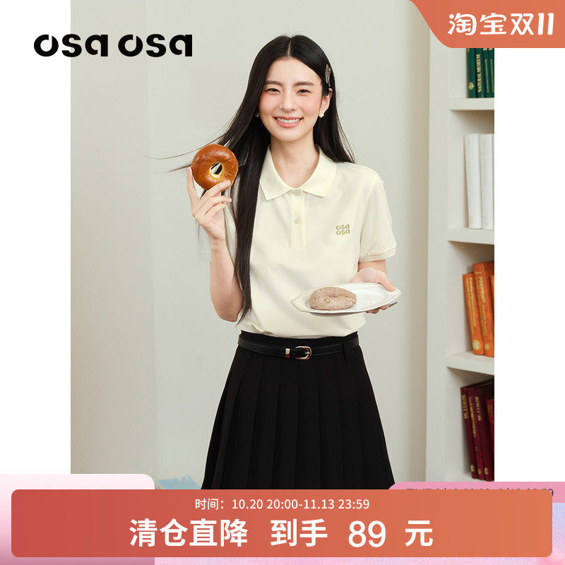 【清仓】OSA欧莎翻领减龄polo领短袖T恤夏学院风休闲显瘦刺绣上衣