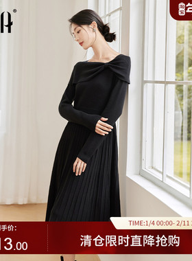 OSA欧莎黑色气质连衣裙2025年新款女法式方领蝴蝶结修身秋冬裙子