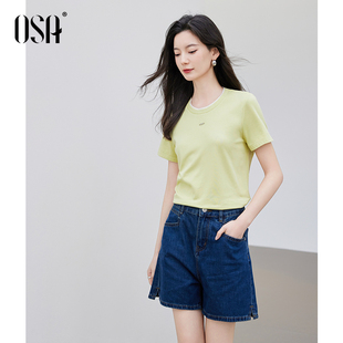 OSA欧莎撞色圆领假两件短袖 百搭设计感体恤上衣 t恤女2025新款 夏季