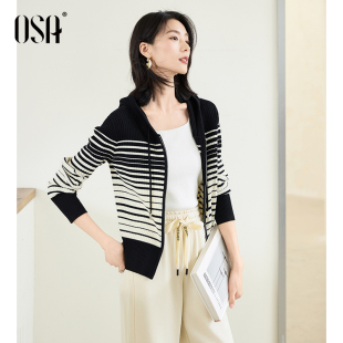 毛衣外套 OSA欧莎条纹渐变连帽针织开衫 女士春装 新款 休闲百搭短款