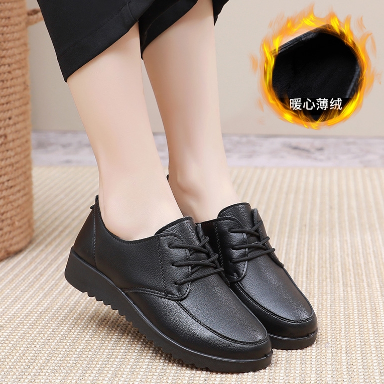 加绒保暖黑色深口单鞋女平底系带百搭软底妈妈鞋休闲鞋防滑工作鞋