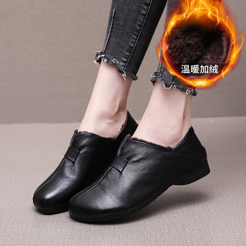 加绒保暖深口单鞋女真皮女鞋平底软底防滑妈妈鞋休闲皮鞋冬季棉鞋