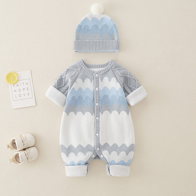 戴帽子单排扣爬服纯棉秋冬毛衣