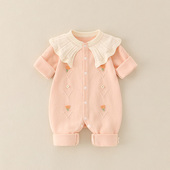 婴儿衣服满月公主服春秋棉线女宝宝可爱连体毛衣粉色萌系长袖 套装