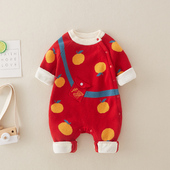 婴儿衣服过年红色国风连体毛衣加绒秋冬满月公主爬服百天生日套装