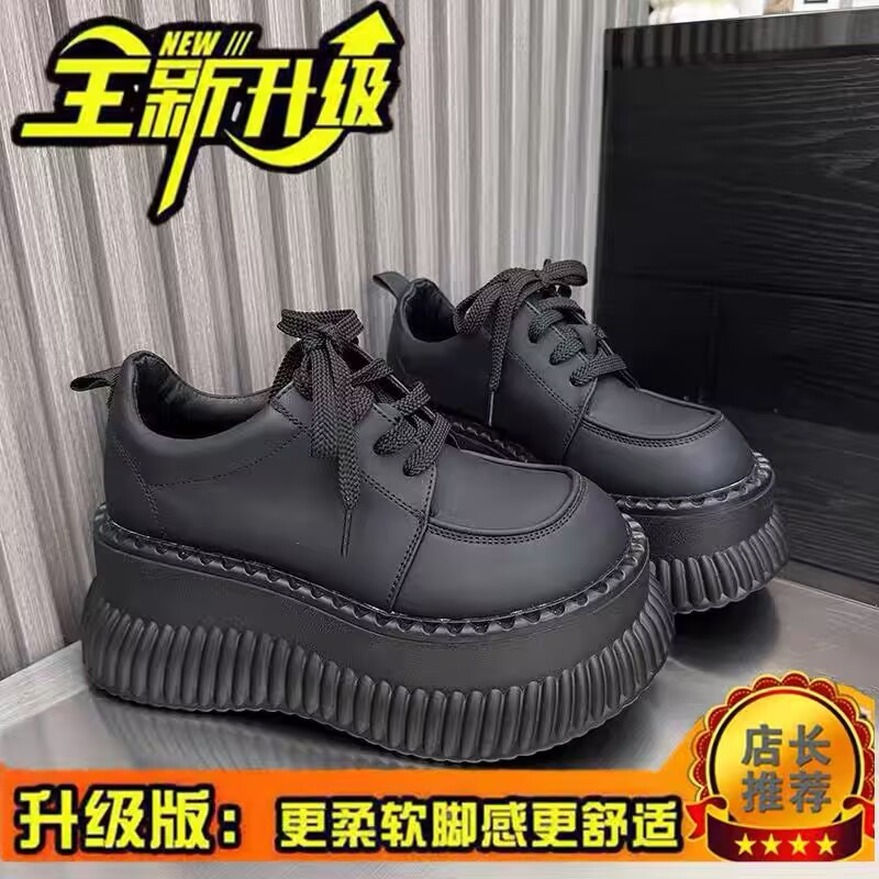 欧洲站黑色松糕鞋大圆头超轻厚底