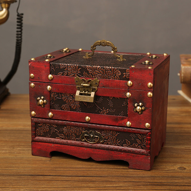 中式古典梳妆盒化妆箱桌面首饰收纳盒饰品储物盒小木箱子