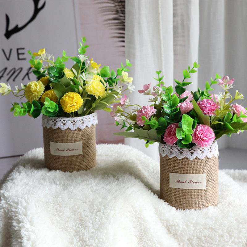 仿真花摆件麻绳花盆套装花康乃馨盆栽玫瑰装饰桌面家居插花饰品