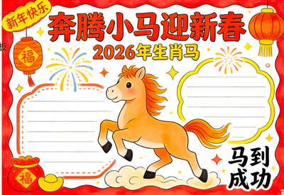 奔腾小马迎新春新年手抄报模板小学生过年春节新年快乐小报A3A4