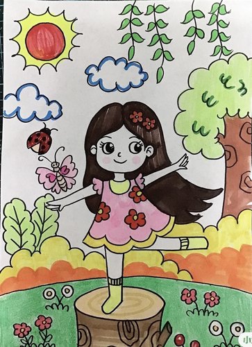 我的自画像女孩女生跳舞手抄报模板线稿8K儿童画主题绘画简笔画线