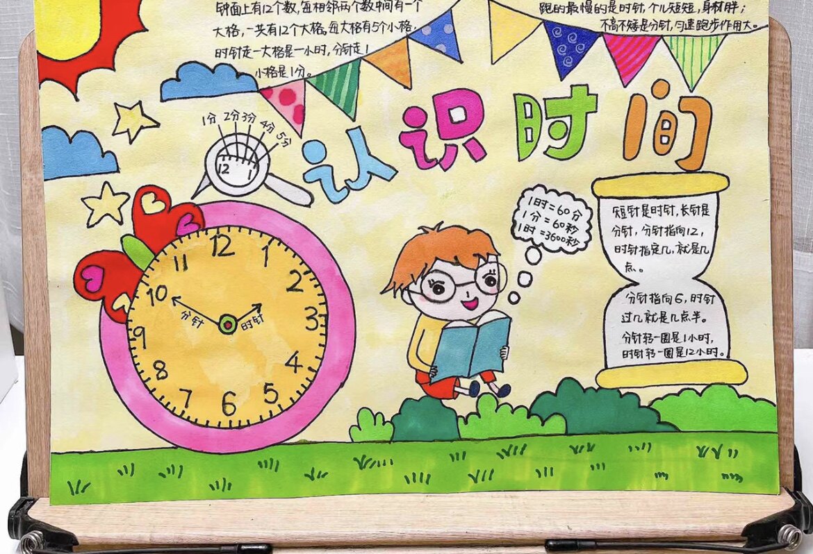 三年级数学认识时分秒手抄报模版绘画儿童画简笔画电子版模板小学