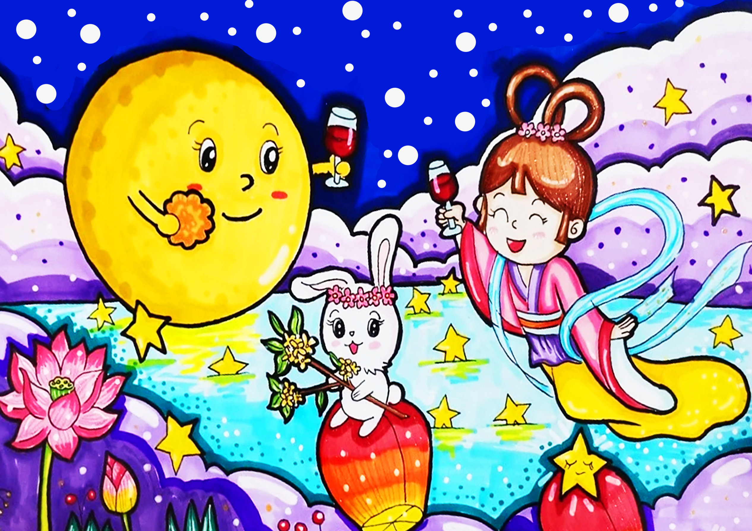 中秋佳节儿童画小学生欢度中秋快乐传统习俗嫦娥奔月神话故事模板