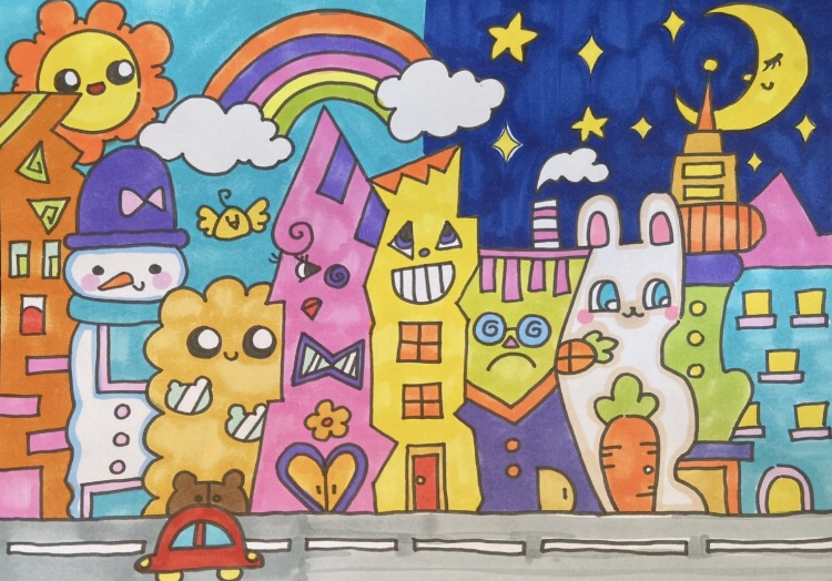 未来的建筑科幻主题童心儿童画手线稿模板电子版小学生简笔画绘