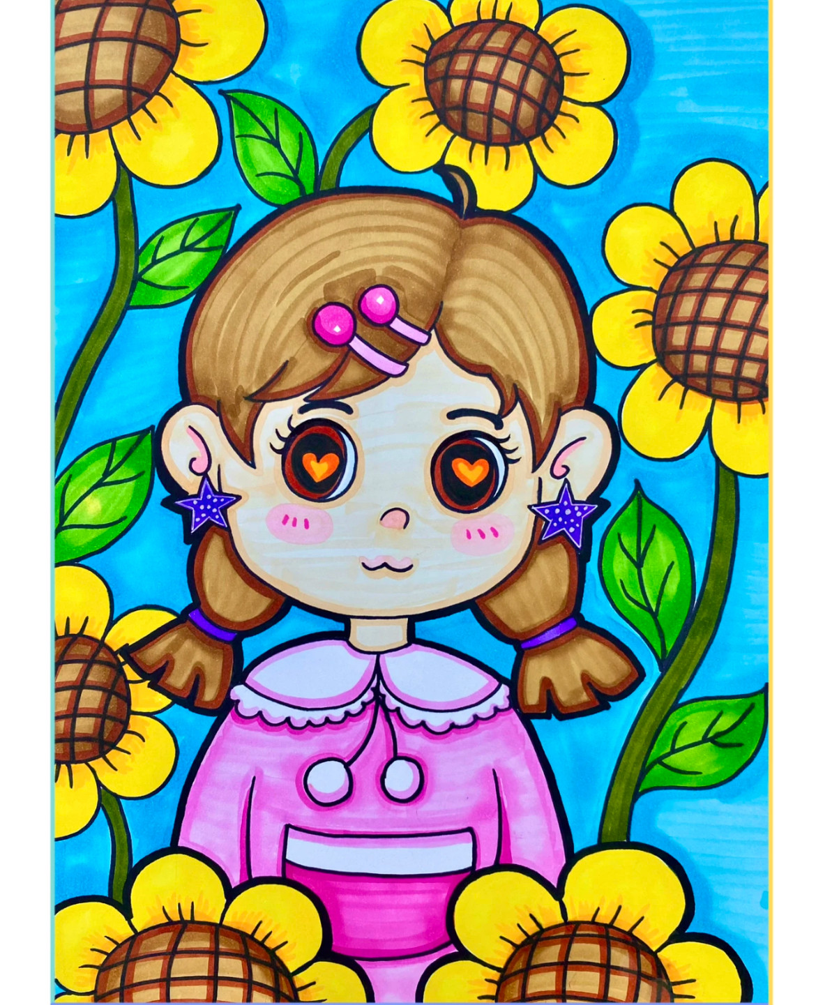 认识自我绘画小女孩自画像线稿素材可打印图片小学生幼儿园电子版