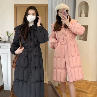 洋气大翻领羽绒服轻薄新款内抽绳收腰显瘦白鸭绒中长款过膝外套女