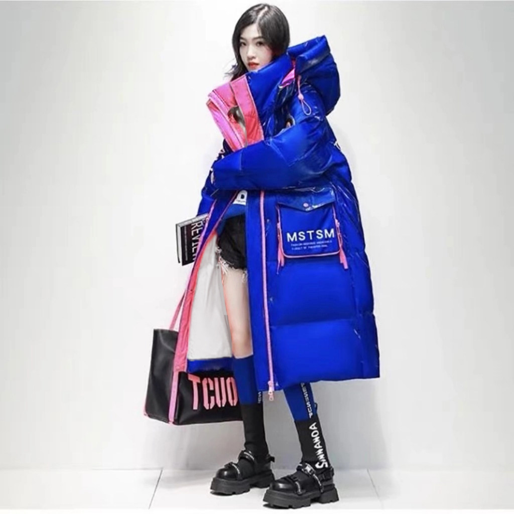 潮牌新款冬装撞色羽绒服女 洋气宽松拼色过膝长款免洗面包服外套