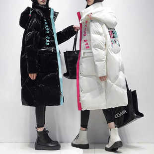 亮面拼接面包服免洗外套 潮牌拼色羽绒服女宽松过膝长款 新款 冬装