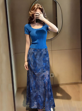 套裙修身气质印花半裙蓝色针织衫短袖低圆领上衣两件套装春夏季女
