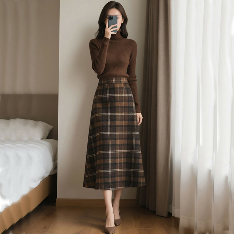 冬季复古高领毛衣格纹裙套装