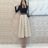 港风洋气新款 针织黑色V领上衣配腰带麂皮绒半身裙两件套裙女 套装