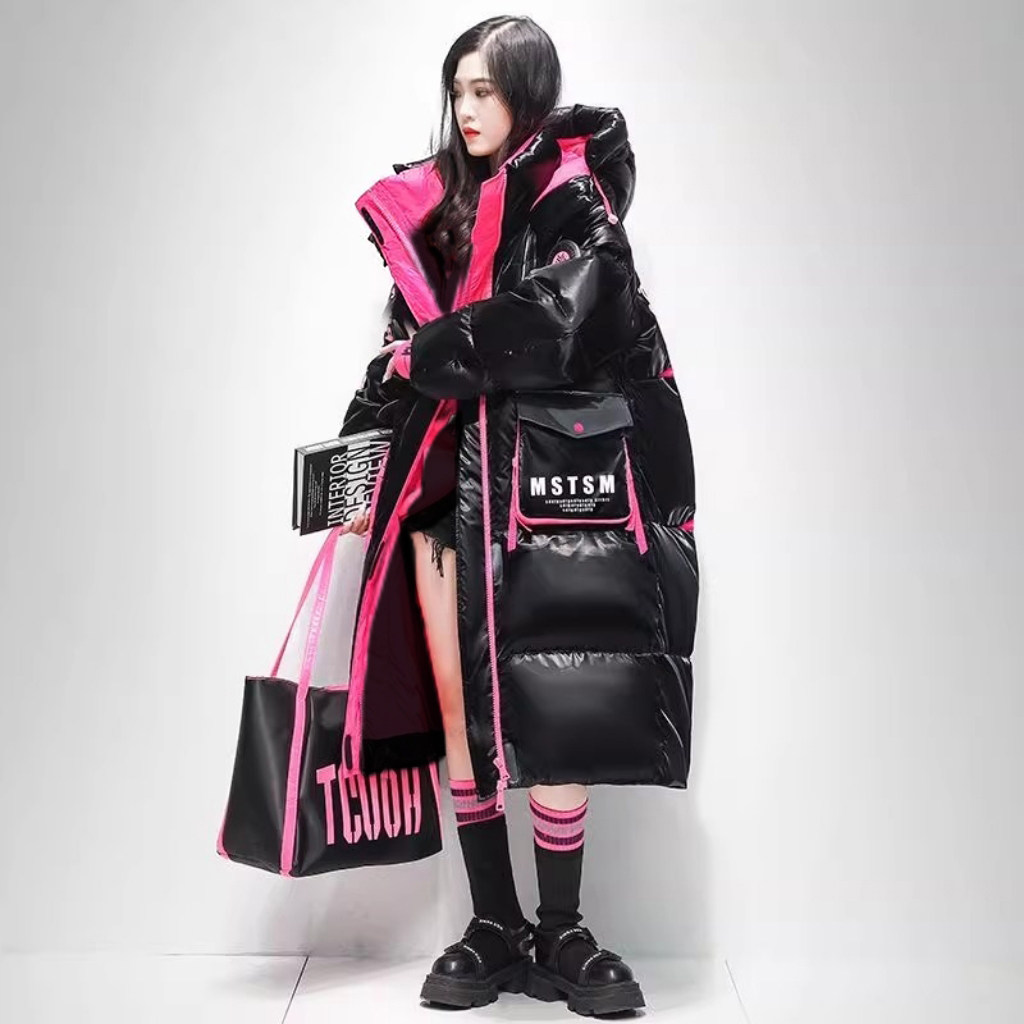 冬季洋气宽松过膝长款免洗防水拼色面包服 白鸭绒黑拼红羽绒服女,女装/女士精品,羽绒服,淘宝优惠券,粉丝福利购,淘宝优惠卷