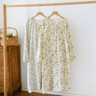 抽绳圆领套头花卉睡裙纯棉双层纱布长袖过膝中长款吸汗凉爽睡衣