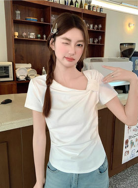 设计款绑带短袖t恤女2026春夏新品甜美系女孩穿搭白色打底衫
