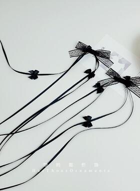 原创发饰黑色蕾丝蝴蝶结长飘带对夹设计感双边发夹气质女团风头饰
