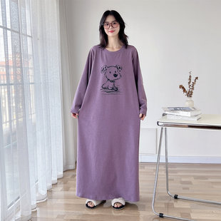 可爱狗狗加长款大码睡裙女秋冬德绒磨毛加厚胖MM宽松睡衣裙家居服