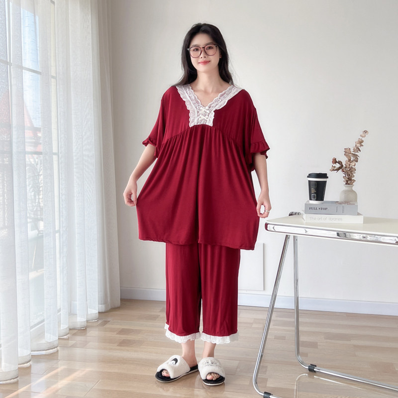 V领蕾丝莫代尔大码胖mm睡衣女200斤夏季薄款短袖七分裤家居服套装