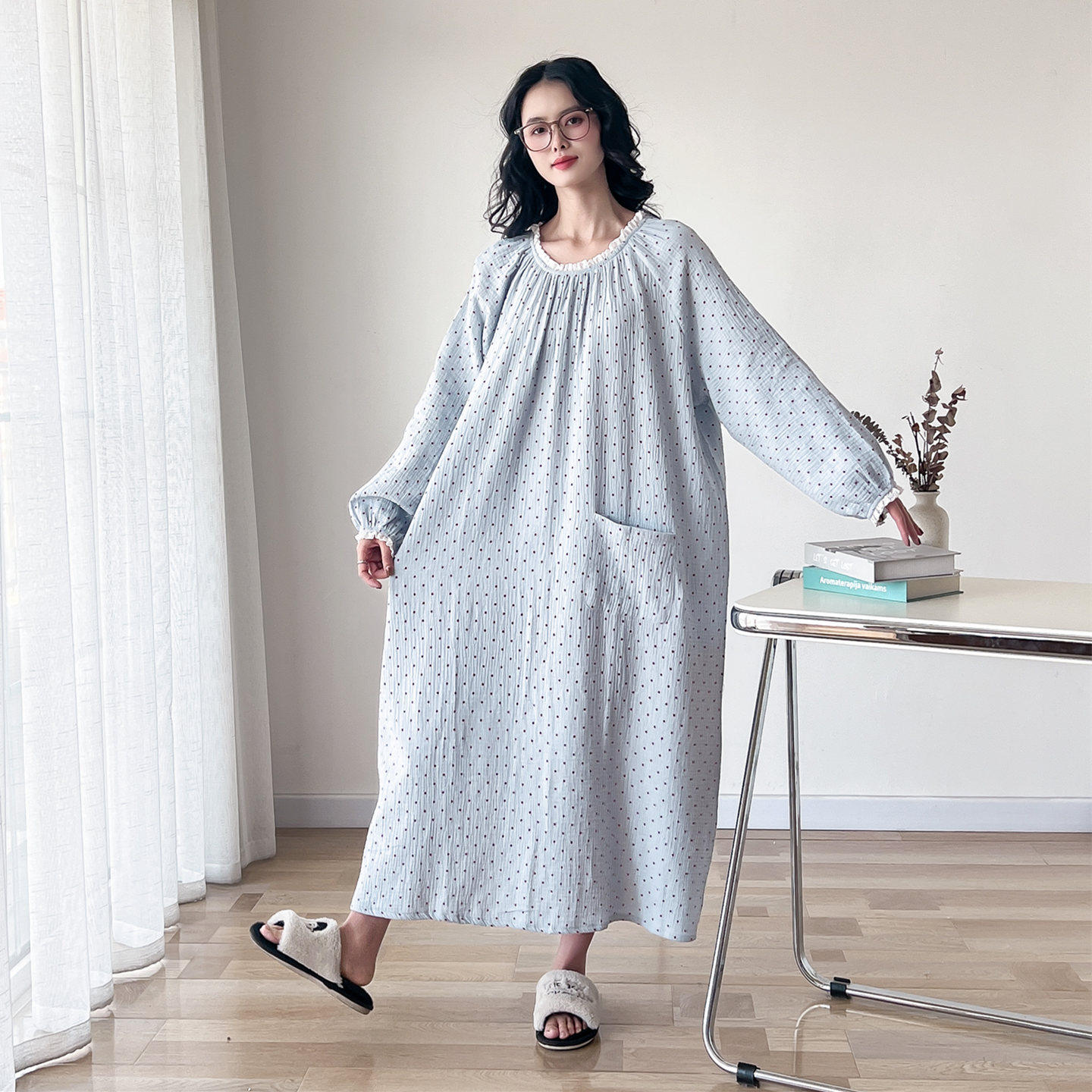 花边圆领甜美纯棉纱布大码睡裙女春秋长袖胖MM200斤连衣裙家居服