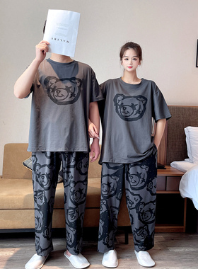 卡通加肥加大码情侣睡衣女220斤春夏宽松短袖长裤男士家居服套装