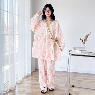 日系双层棉纱大码睡衣女春秋季长袖和服甜美胖MM200斤家居服套装