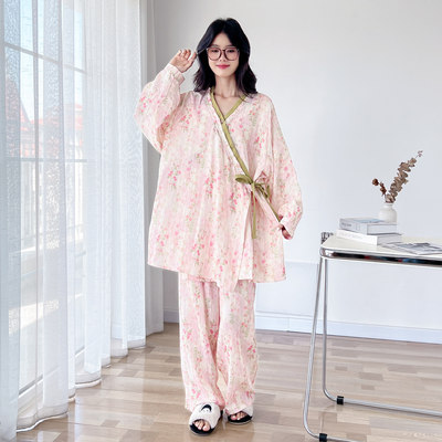 日系双层棉纱大码胖MM睡衣套装