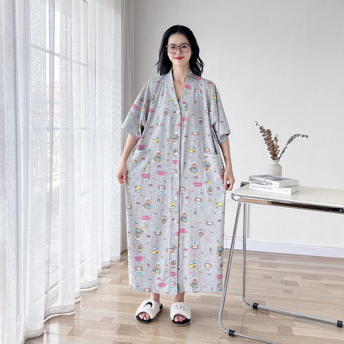 日系V领开衫纯棉大码睡裙女夏季