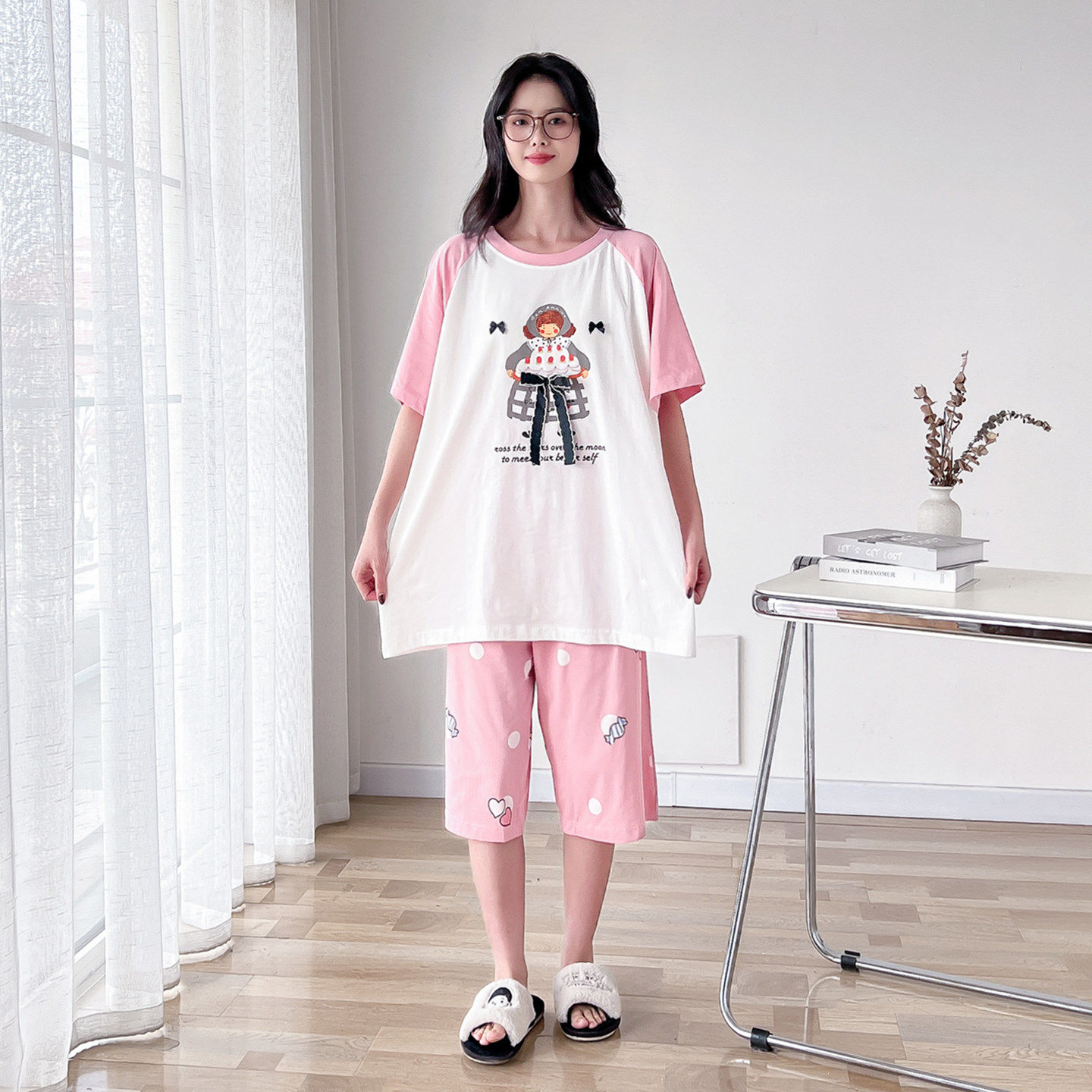 可爱女孩拼色纯棉大码睡衣女夏短袖中裤加肥200斤休闲家居服套装